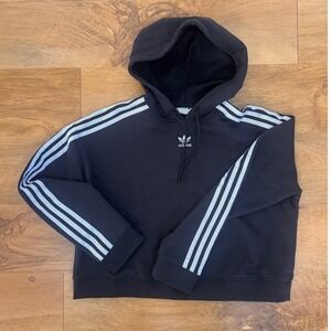 Adidas Originals Women Black Trefoil Hoodie 3-Stripe Cropped Sweatshirt CY4766 M